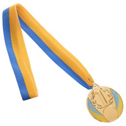 Медаль спортивная с лентой UKRAINE d-6,5 см с украинской символикой C-4339 (металл, 40g золото, серебро, бронза)