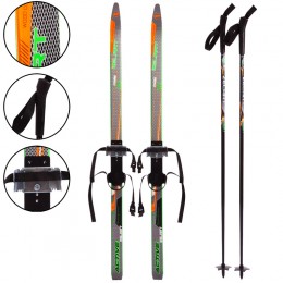 Лыжи беговые в комплекте с палками Zelart SK-0881-110B (l-лыж-110см,l-палки-90см,PVC чехол,крепление регулируемое) (Черный-салатовый-оранжевый)