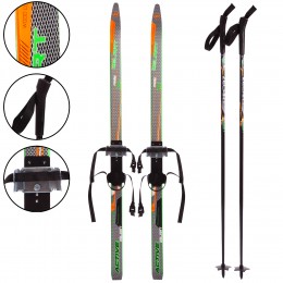 Лыжи беговые в комплекте с палками Zelart SK-0881-130B (l-лыж-130см,l-палки-110см,PVC чехол,крепление регулируемое) (Черный-салатовый-оранжевый)